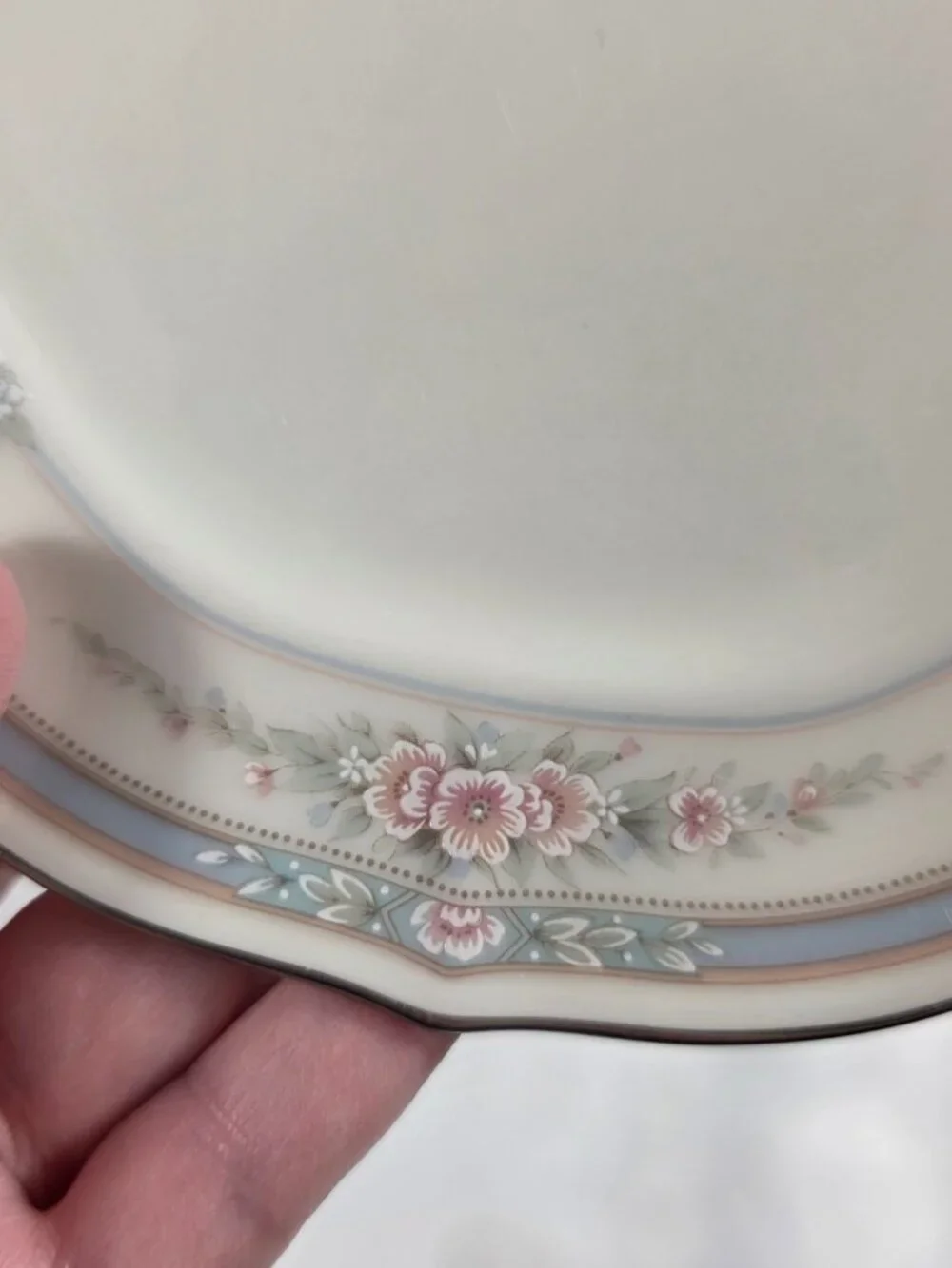 TWO Noritake Rothschild Bread Plates Ivory Blue Band with Pink Flowers